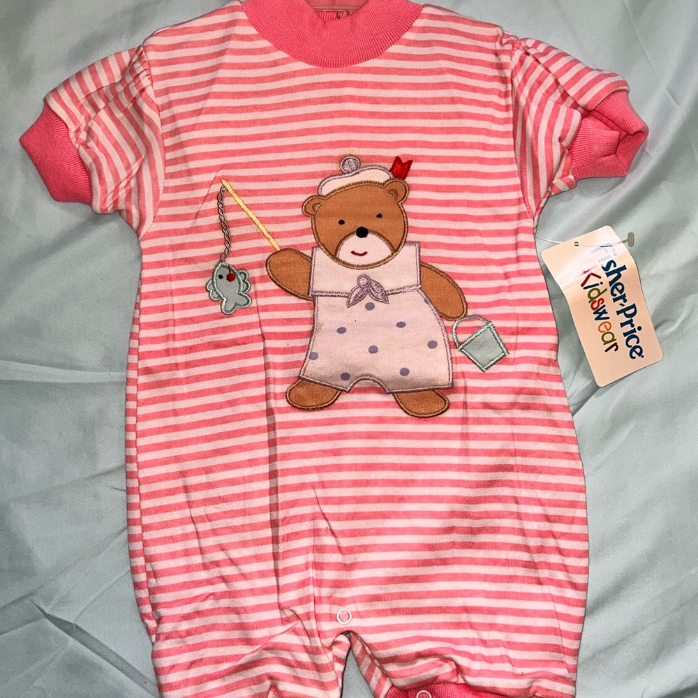 NEW 1988 Fishing Teddy Bear Fisher Price Kidswear One Piece Romper Outfit Sz Lg
